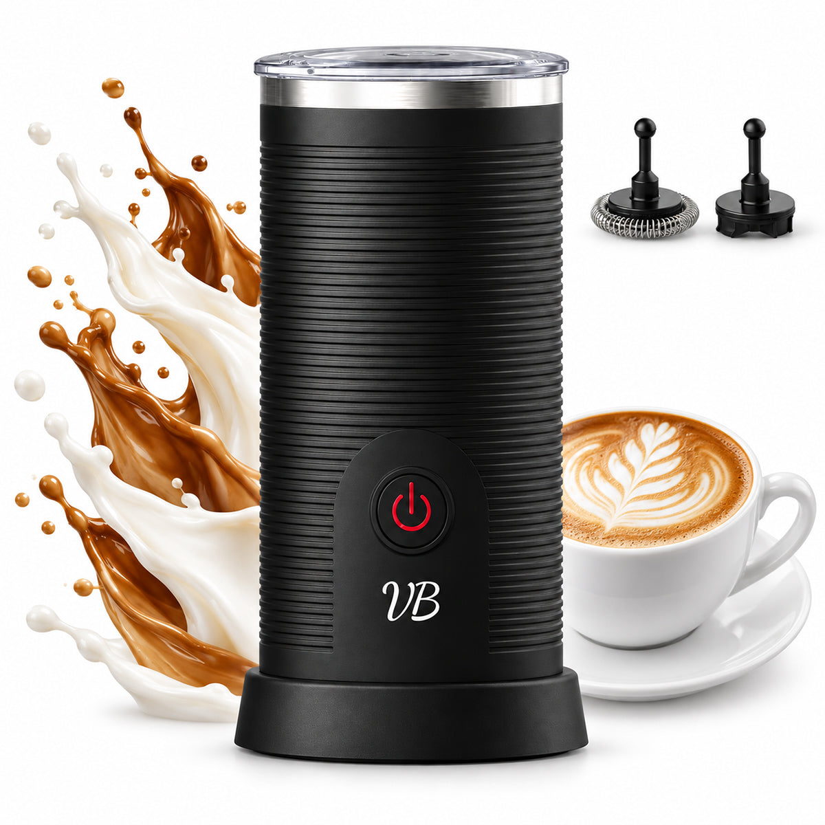 Črn penilnik za mleko Velvet Bliss podjetja Martello s pljuski mleka in kave, dvema nastavkoma in cappuccinom